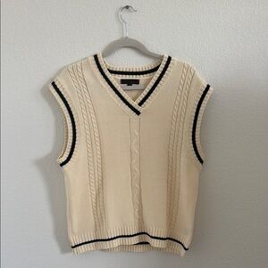 Cream and Black V-Neck Oversized Cable Knit Sweater Vest
